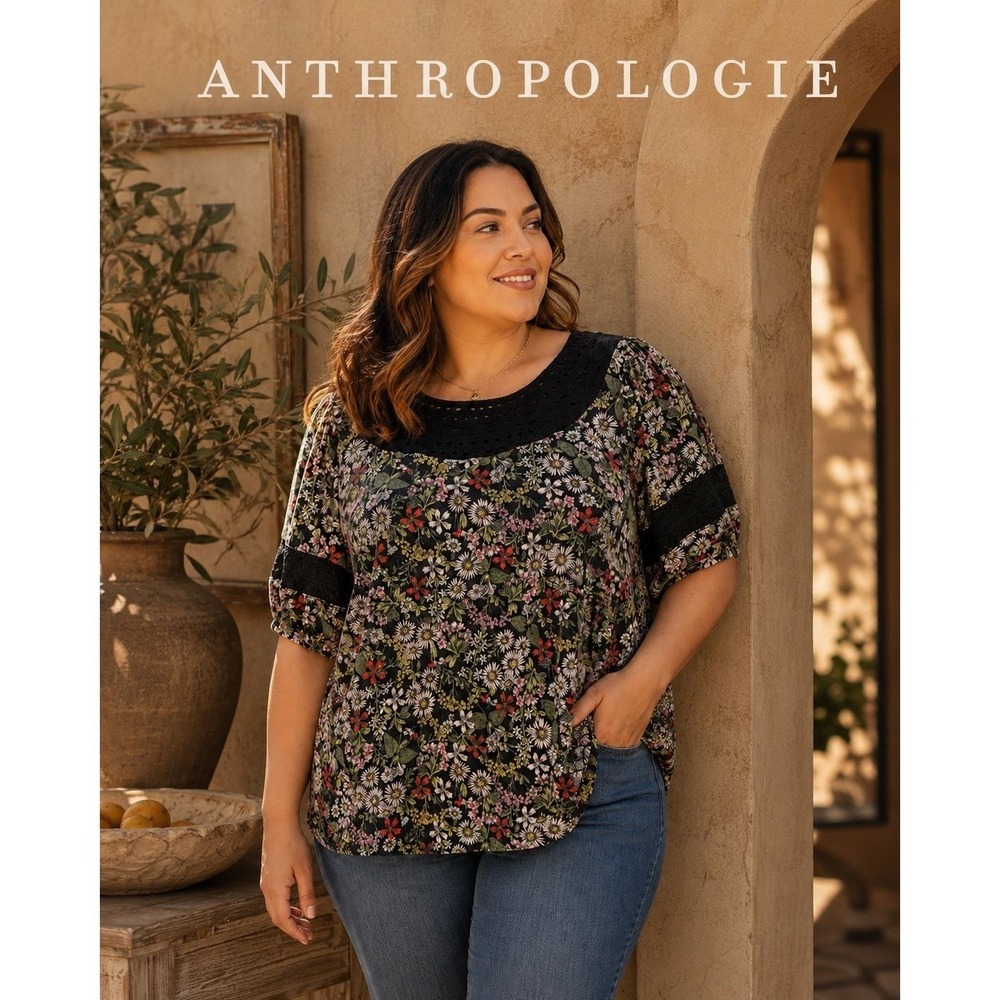 Anthropologie Floral Eyelet Blouse Women's 3X Black Puff Sleeve Boho Top